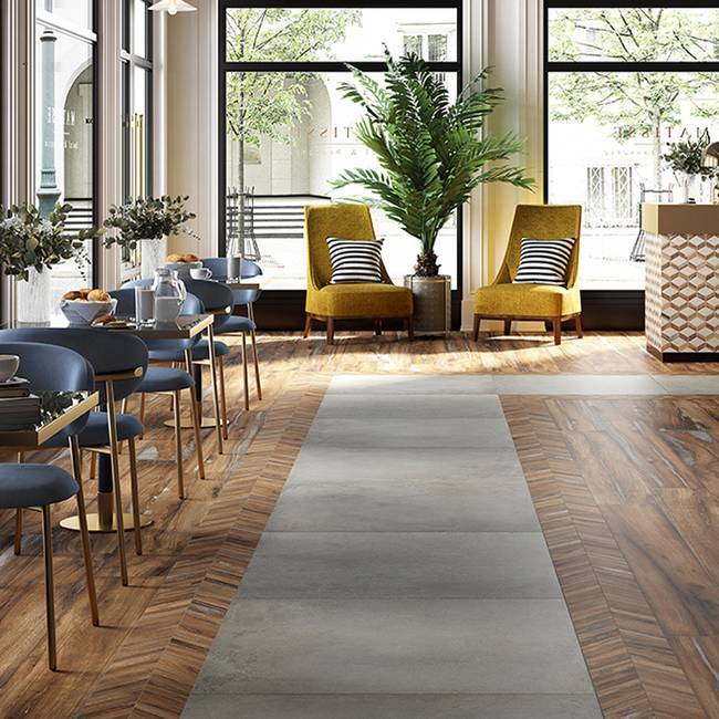 Wood and concrete effect of porcelain stoneware